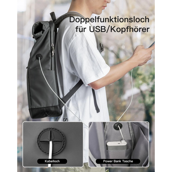 Рюкзак Inateck RollTop 25-30 л для чоловіків і жінок, велосипедний, шкільний, міський, для університету, роботи, спорту та подорожей, з відділенням для ноутбука 17