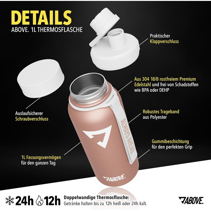Термобутилка із нержавіючої сталі 1 л ABOVE, ізольована, BPA Free, з безкоштовною кришкою, тримає до 12 годин гаряче і до 24 годин холодне, не протікає, для спорту, фітнесу та активного відпочинку