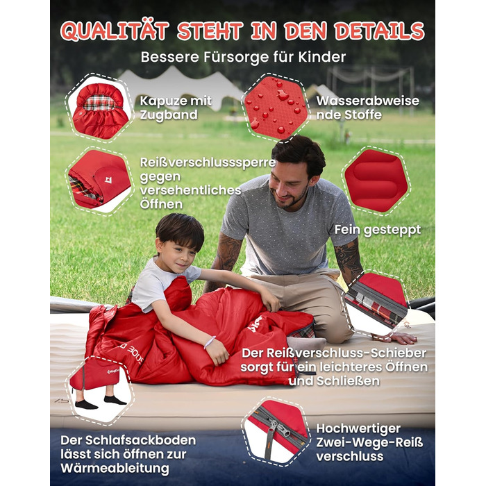 Сплячий мішок KingCamp для дітей з фланелі, легкий, водонепроникний, компактний, зимовий, 4 сезони, для кемпінгу, підходить для дітей до 140 см, комфортна температура: 7°C (червоний)