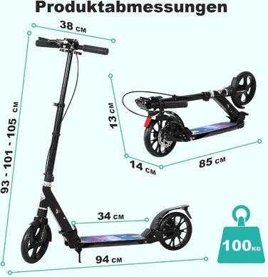 Скутер ISE Roller 200mm з великим колесом, подвійним гальмом та амортизацією. Розкладний міський скутер для дорослих та дітей, регульована висота до 100 кг, з ремінним ременем та ручним гальмом (дизайн 'Зоряне небо')