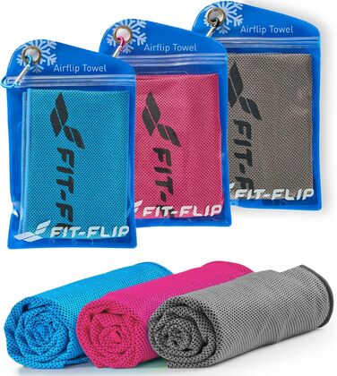 Охолоджуючі рушники Fit-Flip 3 шт. – для фітнесу та спорту – мікрофібра, охолодження шиї – Airflip, рушники Cool Ice Towel – блакитний, рожевий, сірий, 100x30 см