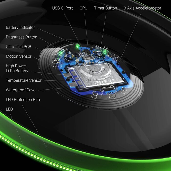 Летючий диск TOSY з RGB-підсвічуванням 108 LED (зелений) - для дітей та дорослих, водонепроникний, перезаряджуваний, для активного відпочинку