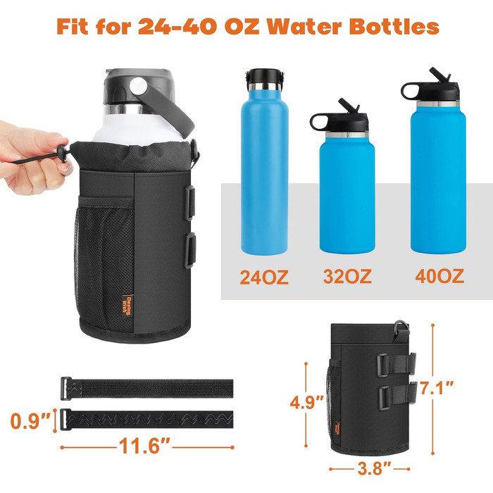 Фляготримач для велосипеда Design Wish 24-40oz, без гвинтів, з сітчастою кишенею, чорний, 1180 мл