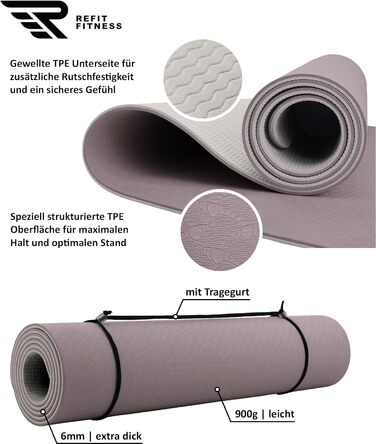 Килимок для йоги REFIT FITNESS Perfect-Fit 190 x 60 x 0,6 см з GeckoGrip та Sensi-Plus TPE. Нековзний, без шкідливих речовин + ремінь для перенесення. Підходить для гімнастики та спорту.