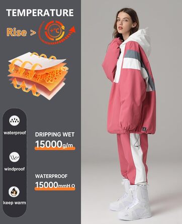 Сніговий комбінезон HOUZONIY для жінок та чоловіків. Теплий, водонепроникний, з капюшоном, для катання на лижах та сноуборді. Розмір S T63+Рожевий