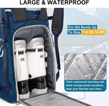 Сумка для лижних черевиків з відділенням для шолома, 65L, рюкзак для лиж, водонепроникна сумка для лиж, для лижних черевиків, ковзанів, лижних окулярів, сноуборду, лижних рукавичок, блакитна