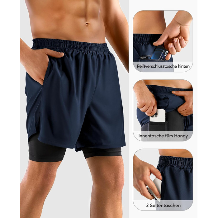 Шорти чоловічі Niksa 2er Pack 2-в-1, спортивні, швидковисихаючі, дихаючі, з кишенею для телефону (XXL, темно-синій)