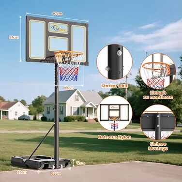 Баскетбольний кошик SAMAX на стійці, регульована висота 100-305 см, з колесами, сітка в комплекті. Підходить для гри в саду, на спортивному майданчику та полі, для дорослих та дітей.
