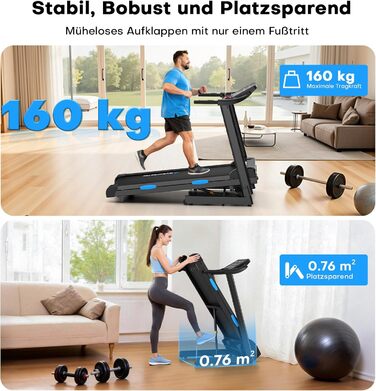 Бігова доріжка для дому складний з автоматичним нахилом, Walking Pad 14KM/H, біговий доріжка з 3.0-PS двигуном, 12 попередньо встановлених програм та фітнес-додаток, обладнання для фітнесу, вантажопідйомність 160Kg, чорний