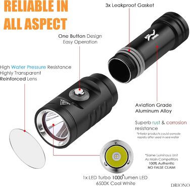 Ліхтар налобний DRIONO 1000 люмен, водонепроникний IPX8 (60м), алюміній, з акумулятором та зарядним пристроєм