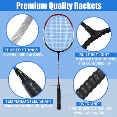 Набір для бадмінтону Magicorange 4 шт. для ігор на вулиці, включає 4 ракетки, 4 волани, 4 запасні намотки та 1 сумка. Червоний та зелений колір