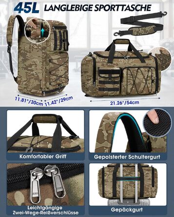Спортивна сумка RAINSMORE 45L 3-в-1 для фітнесу та подорожей з відділенням для взуття та вологих речей, водонепроникна дорожня сумка (Хакі Камуфляж)