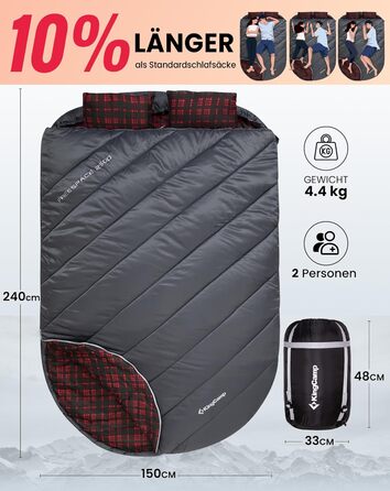 Сплячий мішок KingCamp для 2 осіб з фланелі, зимовий, 3-4 сезони, з подушками, для кемпінгу та відпочинку на природі (сірий)
