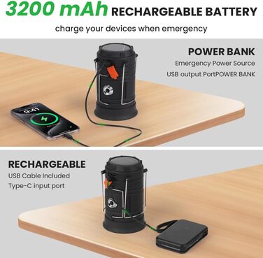 LED кемпінговий ліхтар HOTUT Solar, 3200 mAh, складаний, водонепроникний, з ручкою, USB, ручне заряджання, аварійне освітлення для туризму, риболовлі, SOS, відключень електроенергії 3 в 1