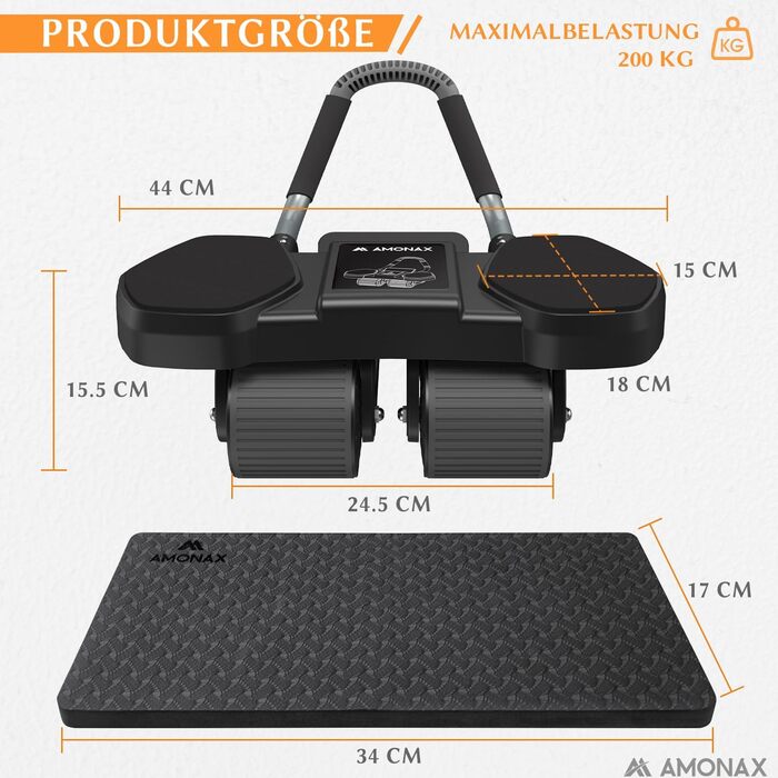 Ролер для пресу Amonax з чотирма колесами та опорою для ліктів - тренажер для пресу для чоловіків та жінок, чорний