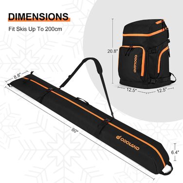 Сумка для лиж Odoland Skitasche Set: комбо для лиж та взуття, водонепроникна, до 200 см, для чоловіків та жінок (Помаранчевий)