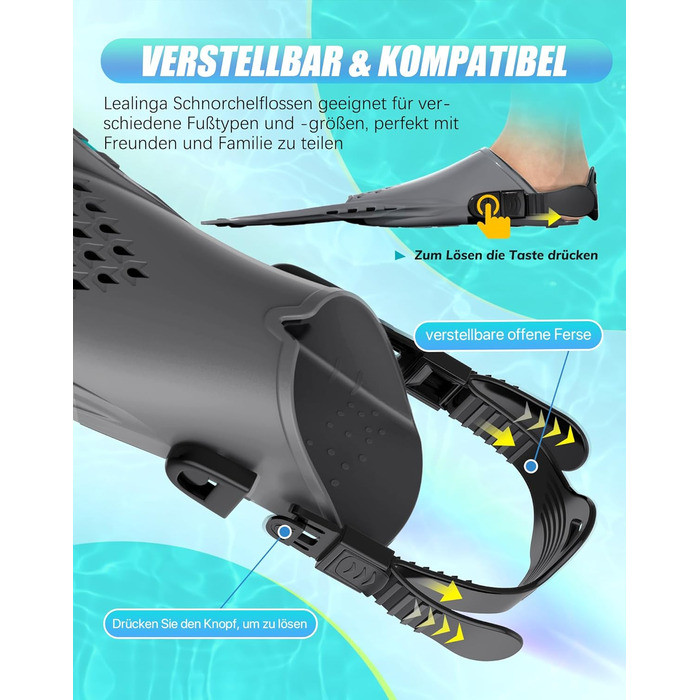 Ласти для плавання Schnorchelflossen, регульовані, дорослі/дитячі, унісекс, чорні (S/M) з сітчастим чохлом