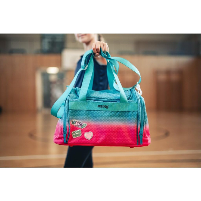 Спортивна сумка Kinder з відділенням для взуття, 2 бічними кишенями, регульованим плечовим ременем, 100% поліестер, 45×28×22 см, рожева