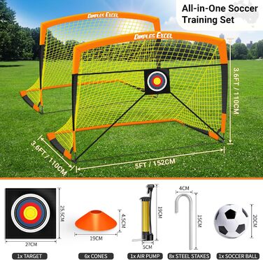 Ворота для футболу Dimples Excel Pop-Up – розкладні для дітей | 1 або 2 шт. у розмірах 120x90 / 152x110 / 213x152 см | 3 кольори на вибір | Опційно з м'ячем, насосом, фігурками та мішенню | Для саду та як подарунок (2-152x110 Оранжевий+Аксесуари)