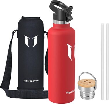Фляга Super Sparrow з нержавіючої сталі - 350мл/500мл/620мл/750мл/1л - Термос-фляга, не протікає, без BPA - Фляга для дітей, для газованої води, спорту, школи, фітнесу - З 2 кришками (1000 мл, Lava)