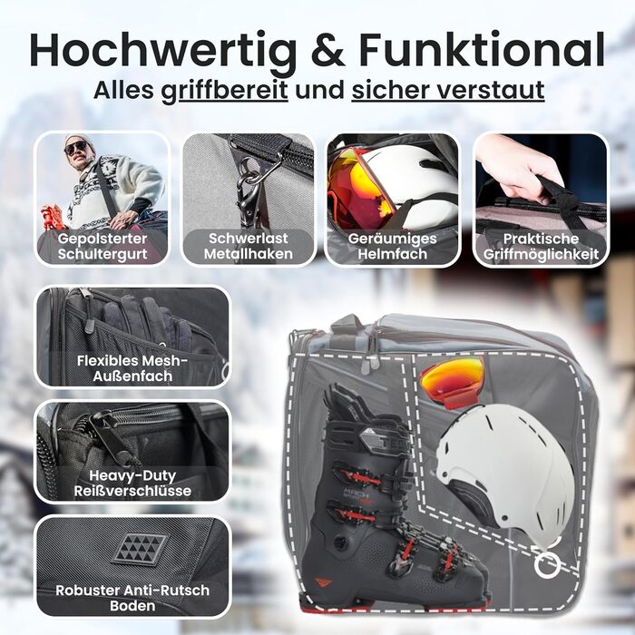 Чохол для лижних черевиків Otaro з відділенням для шолома | Сумка для лиж, шолома та аксесуарів | 60 000+ задоволених клієнтів | Водонепроникна сумка для лижних черевиків, міцна блискавка - комплект сумок для лиж, класична (44L) сірого кольору