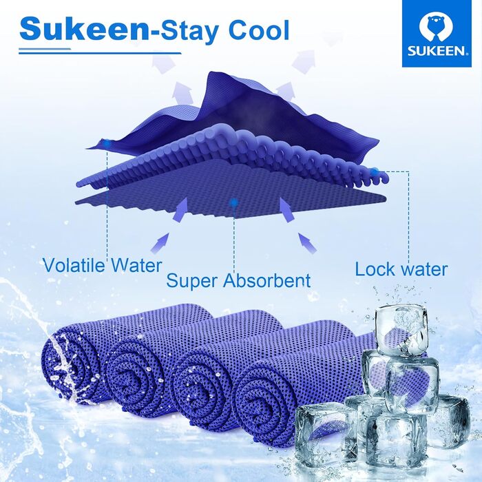 Рушник охолоджуючий Sukeen 4 шт. (101,6 x 30,5 см) - для спорту, фітнесу, тенісу, тренажерного залу - охолоджуючий рушник для шиї та тіла (Королівський синій)