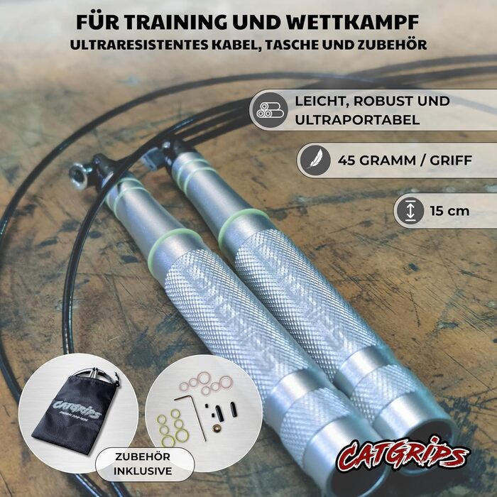 Стрибкове канат Crossfit CATGRIPS Springseil: алюмінієва ручка, сталеве ядро з підшипниками, легке та професійне для занять у спортзалі та боксі, з сумкою та запасними частинами, срібний