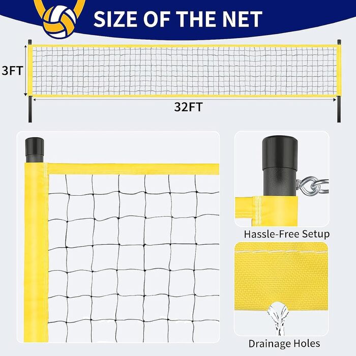 Набір для волейболу: мобільний волейбольний набір для саду, пляжу, газону. Регульована висота.