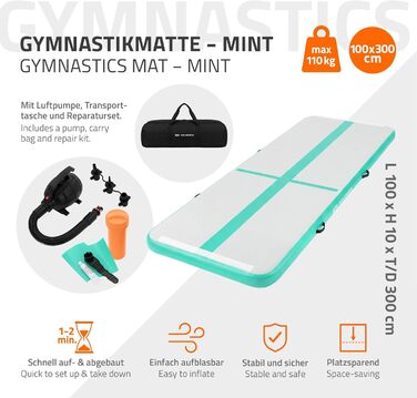 Надувний гімнастичний мат Airtrack ECD Germany для тамблінгу та фітнесу, 300 x 100 x 10 см, м'ятно-зелений (з електричним насосом та сумкою)