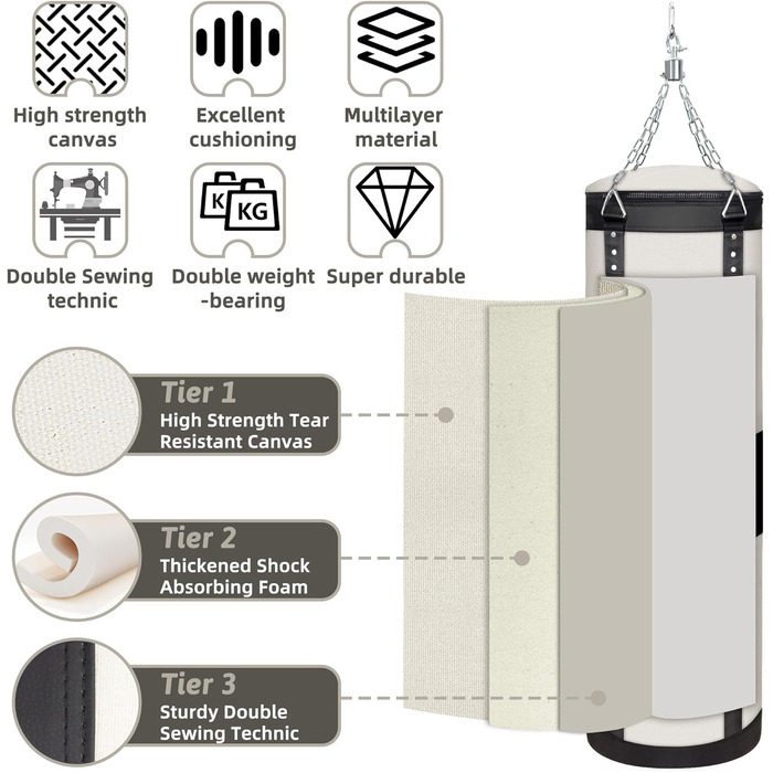 Боксерський мішок Canvas Boxsack для дорослих, 120 см, невикористаний, міцний, вантажопідйомність до 80 кг, білий