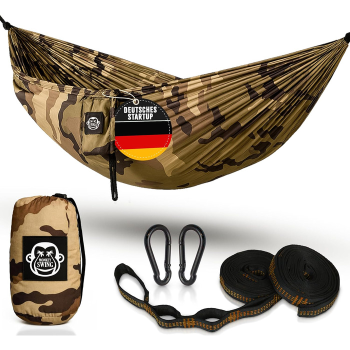Гамак туристичний Monkey Swing ультралегкий з карабіном та стропами (до 300 кг) – 275 x 140 см, для кемпінгу, трекінгу, подорожей (Камуфляж, Зелений/Хакі)