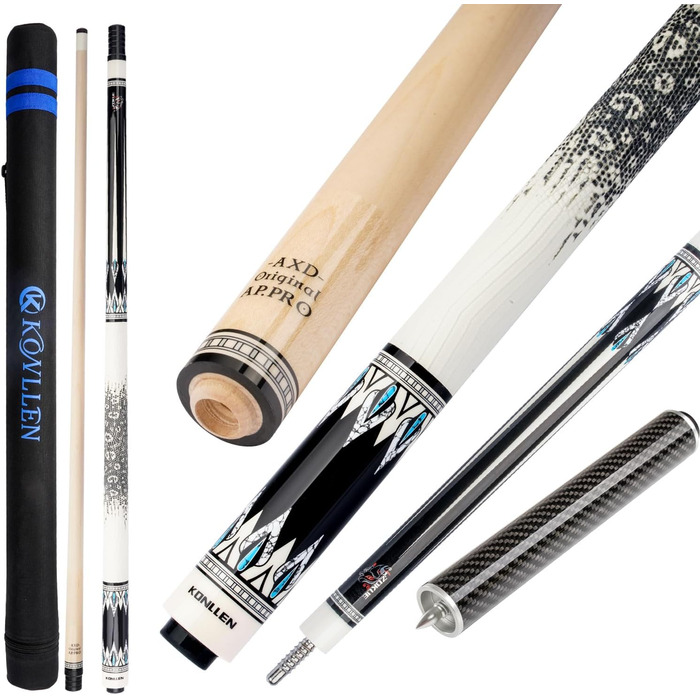 Більярдний кий KONLLEN Dragon-1 з низькою відволікаючою лінією, подовженням та кейсом (10,5 мм, 11,5 мм, 12,5 мм наконечник Tigerspitze, XTC-чохол, 3/8 x 8 радіальний штифт, довжина 147 см)
