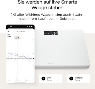 Withings Body — Wi-Fi вага з відстеженням ваги та ІМТ, цифрова підлогова вага з синхронізацією через Bluetooth або Wi-Fi, біла