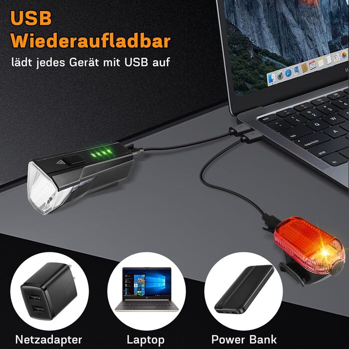 LED набір велосипедних фар 100 LUX, USB-зарядка, 2000 мАг, водонепроникні, сертифікат StVZO, для дітей та дорослих