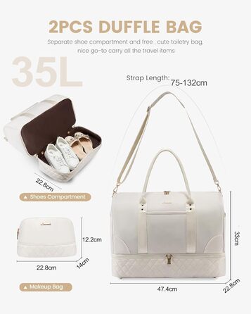 Сумка-мішок LOVEVOOK для жінок, дорожня сумочка-вікендер з відділенням для взуття та мокрих речей, 2 шт. у наборі, велика спортивна сумка, ручна поклажа для подорожей літаком, фітнесу, йоги, бежева, L (35 л)