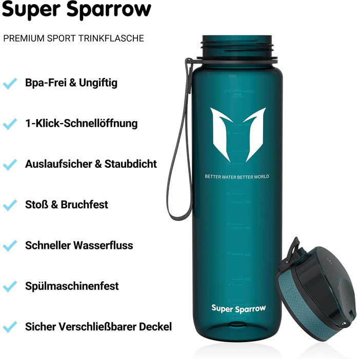 Спортивна пляшка для води Sparrow 1000 мл, без BPA, Tritan, герметична з кришкою Flip Top, глянцева лісово-зелена