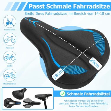 Подушка на сидіння велосипеда для чоловіків та жінок, потовщена та м'яка, комфортний чохол на сидіння велосипеда, велосипедний сидіння з подушкою для шосе, гірського велосипеда, електровелосипеда, тренажера C1, блакитний, вузький