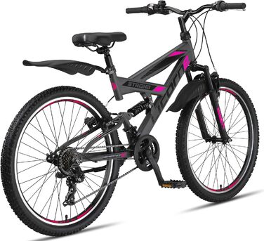 Гірський велосипед Licorne Bike Premium Strong V 24/26 дюймів для хлопців, дівчат, жінок і чоловіків, 21 швидкість, повна амортизація, антрацит/рожевий, 24 дюйми