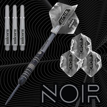 Універсальні дартс-стріли Unicorn Noir з сталевим вістрям, 90% вольфрам, чорне титанове покриття, Black Volute, вага 21-26 г