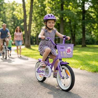 Дитячий велосипед Prometheus для дівчаток 12 дюймів з підтримкою коліс та заднім гальмом, фіолетовий