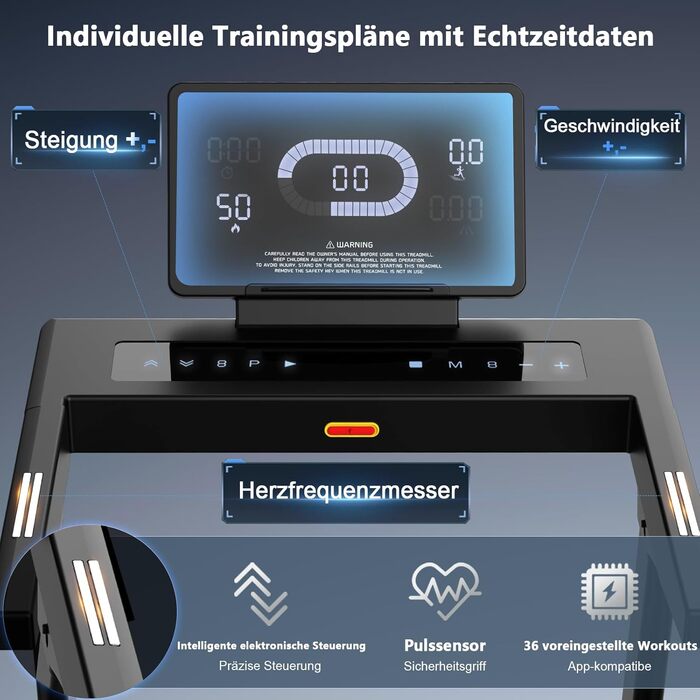 Бігова доріжка для дому Laufband 7HP, складний, кут нахилу 20%, швидкість 1-20 км/год, макс. вага 180 кг, Bluetooth, пульсометр, LED-дисплей, тримач для планшета, преміум чорний