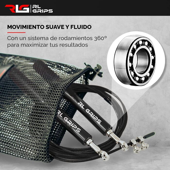 Скакалка для кросфіту RL Grips® з алюмінієвого сплаву з неслизькою ручкою - Скакалка з тросом 2 мм - Скакалка для кардіо, фітнесу, тренажерного залу, чорна (скакалка + запасні частини)