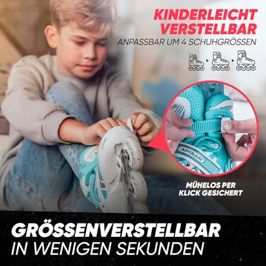 Інлайне ролики Apollo Super Blades X Pro LED для дітей та дорослих, розміри 31-42, білий/бірюзовий