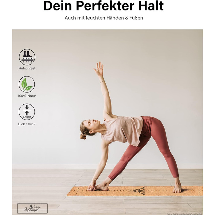 Преміум йога мат з корку Spoonie Yoga® з натурального каучуку - екологічний, неслизький, без шкідливих речовин, з ремінцем для перенесення | для йоги, пілатесу, фітнесу | 4 мм товщина