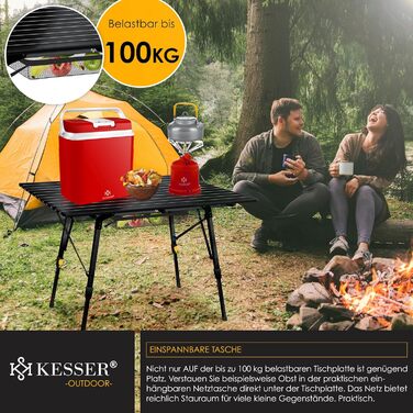 Стол для кемпінгу KESSER® розкладний, з алюмінієвим каркасом, регулювання висоти, 120x70 см, до 100 кг, з сумкою та сітчастою кишенею, чорний