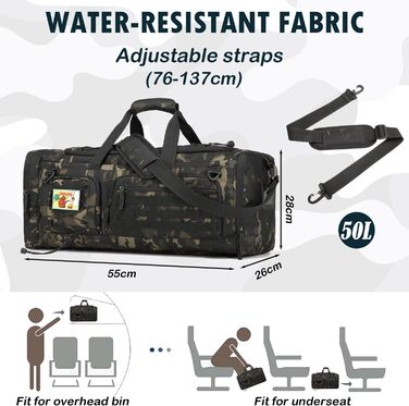 Спортивна сумка 50L для чоловіків 3-в-1 з відділенням для мокрого одягу та взуття, рюкзак, дорожня сумка, валіза ручної поклажі, для тренувань, залу, плавання, подорожей (Чорний CM)