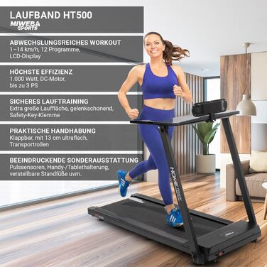 Електрична бігова доріжка Miweba Sports HT500, 3 к.с., 14 км/год, 120 кг, складана, велика бігова поверхня, LCD-дисплей, 12 програм, для дому, чорна
