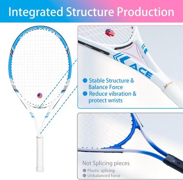 Тенісна ракетка для дорослих, 2 шт. для гри вдвох, 69 см, швидка, підходить для початківців та професіоналів, з 3 тенісними м'ячами, 2 демпферами вібрації, 2 оверґріпами, сумка для тенісу (рожево-блакитна)