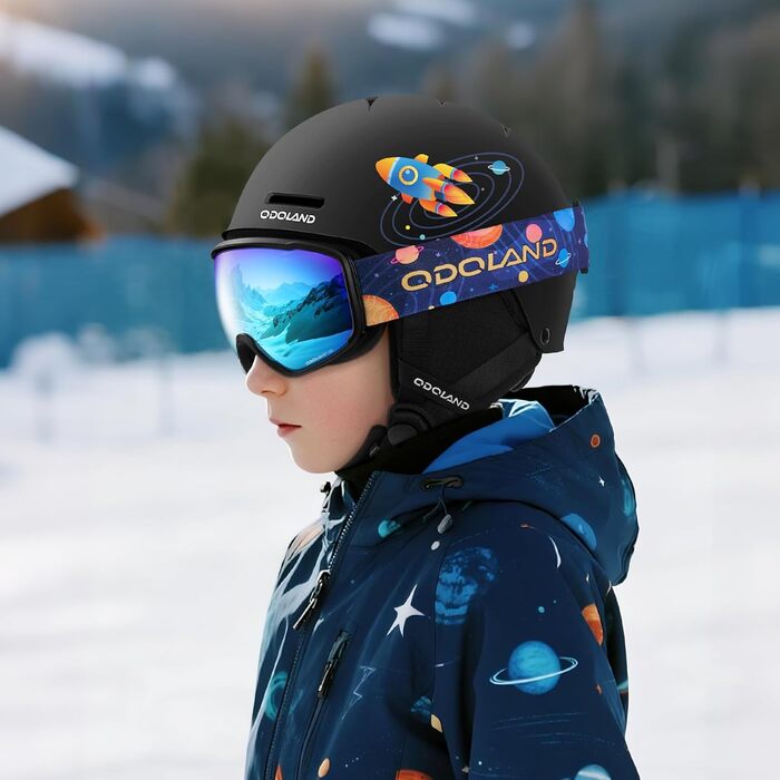 Дитячий гірськолижний шолом та маска Odoland, гірськолижний шолом для хлопчиків та дівчаток, регульований, чорний, з дизайном ракети (54-56 см)