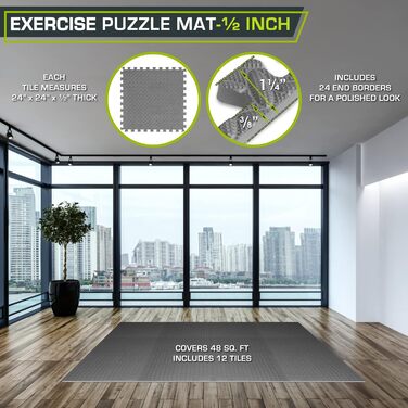 Підлоговий килимок ProsourceFit Puzzle 12 плиток 48 кв. футів, EVA-піна, 12 мм, для домашнього спортзалу, тренувань та дитячої кімнати, сірий